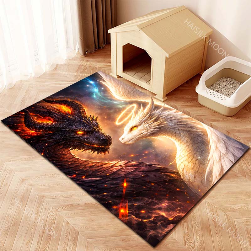Fiery Black Dragon Versus Angelic White Dragon Print Carpet for Living Room Bedroom Sofa Home Decor Non-slip Mat Luxury Gift