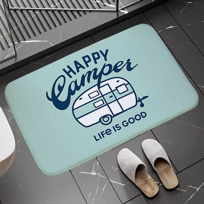 Tappetino per Porta Camper Retrò Happy Camper Tappeto Ingresso Antiscivolo Arancione Camper Vintage Tappeto Decorativo per Pavimento Tema Campeggio Divertente