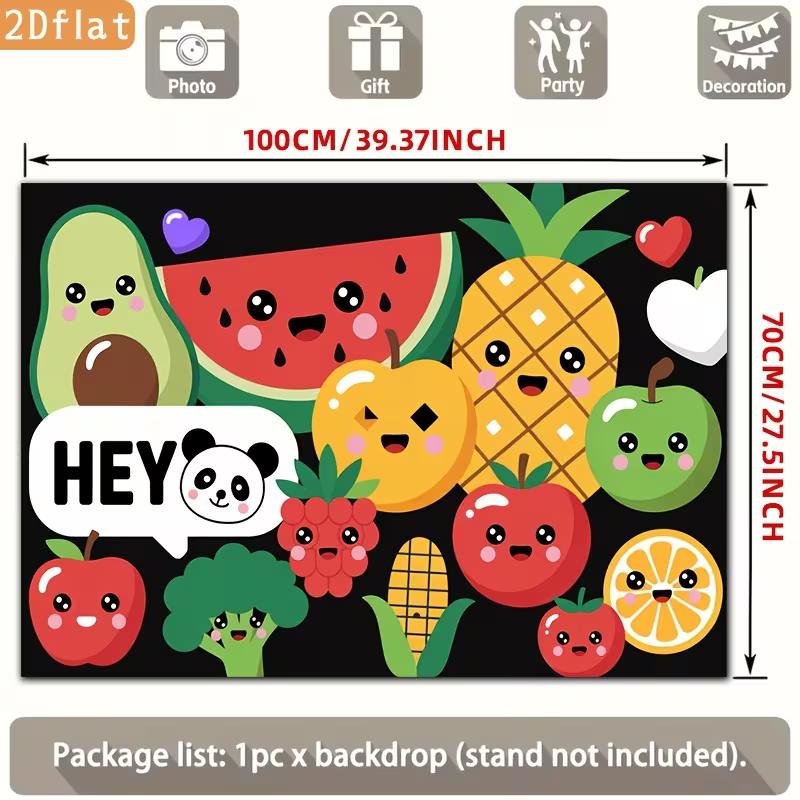

2D Cute Fruit Panda Backdrop, Black Background for Photo Booth and Party 47.2x31.5inch/120*80cm