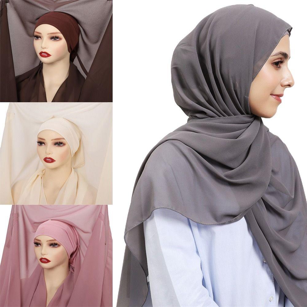 Solid Color Muslim Long Headscarf Bulit-In Magnets Women Chiffon Shawl Islamic Head Wrap  Summer