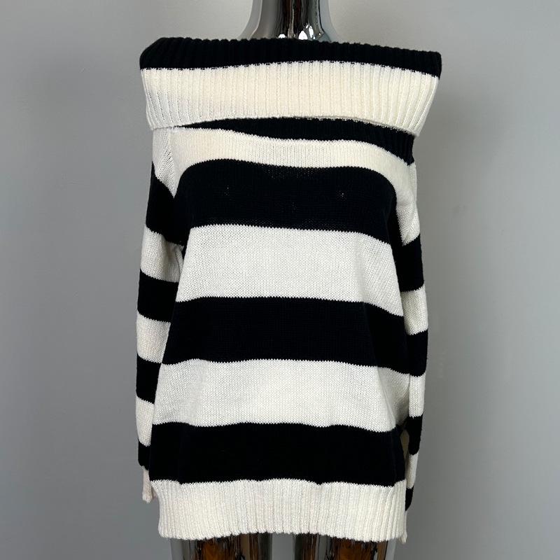 

Корейский романтичный вязаный топ с открытыми плечами, цветной блок, в полоску One Size