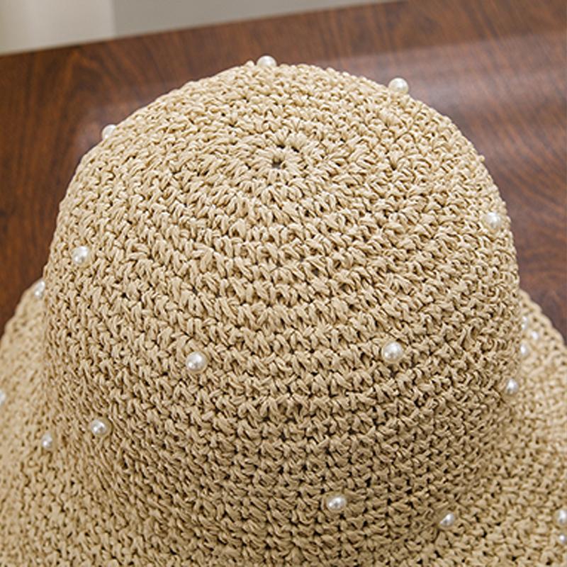 Summer Outdoor Sunshade Hat for Women, Hollowed Out Breathable Straw Woven Bucket Hat, High-end Pearl Fisherman Hat