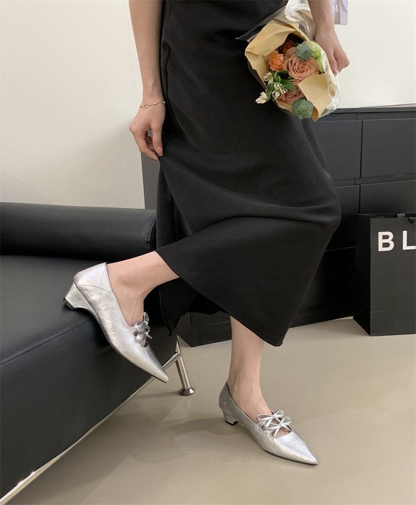 Silver Mary Jane shoes light mouth lace-up bow spring 2025 new soft flat French evening single shoes women's shoes