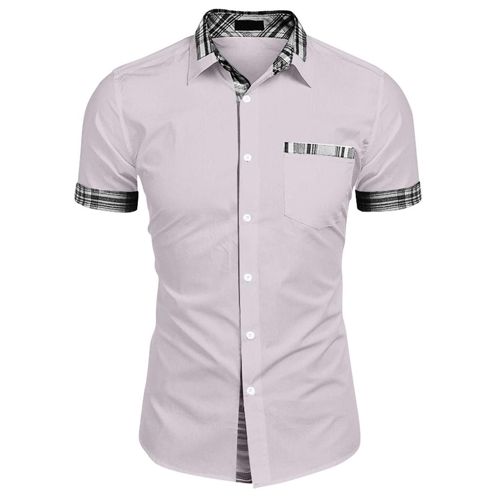 Men's Casual Short Sleeve Shirt Button Down with Plaid Trim Collar and Pocket Detail Lightweight Breathable Summer Shirt for Everyday Wear