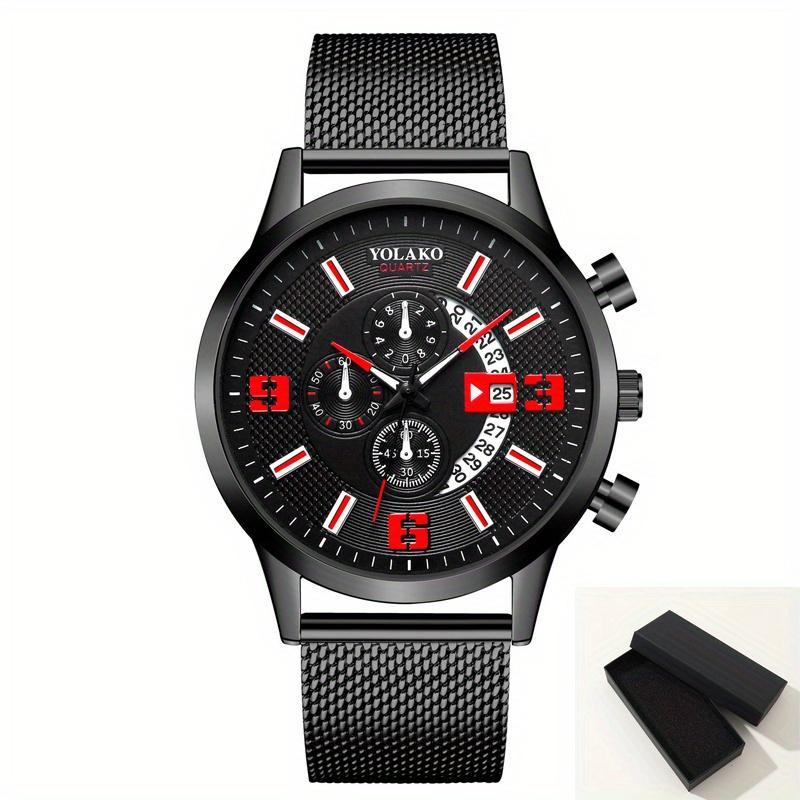 YOLAKO Mens Fashion Calendar Watch Men Business Stainless Steel Mesh Belt Quartz Wrist Watch Male Clock