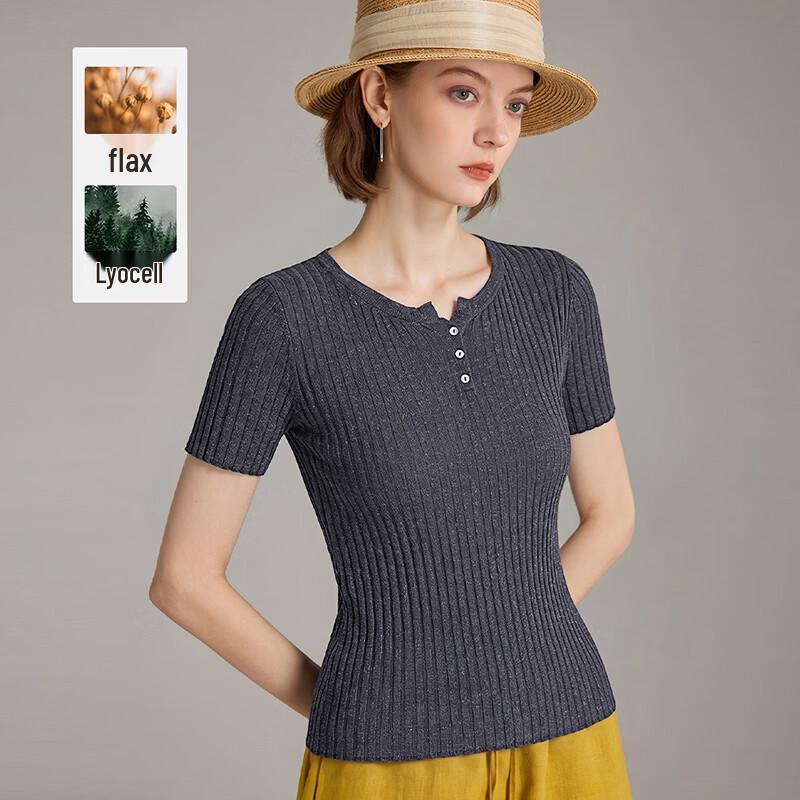 Women s Tencel-Linen Blend Ribbed Knit Short Sleeve Top L