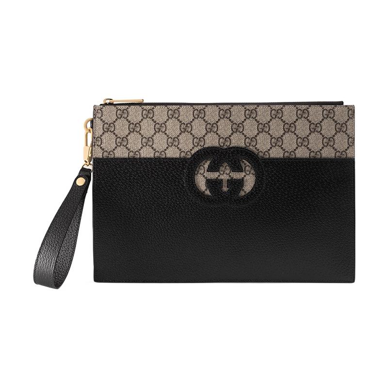 Gucci Zipper Closure with Cutout Interlocking Double G Logo Canvas and Leather Clutch Men's Black