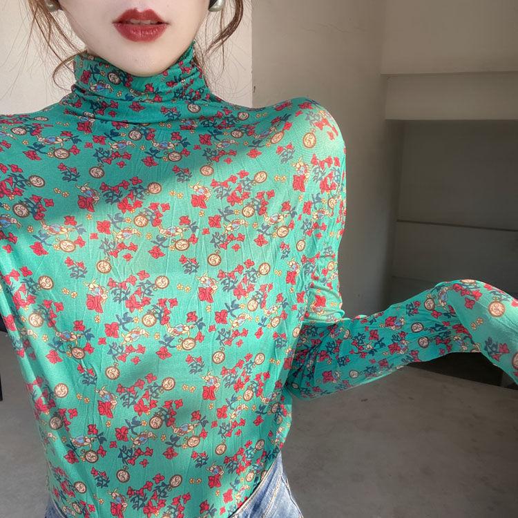 Hong Kong Style Vintage Chic Slimming Floral Top Women's Sexy Mesh Base Layer High Neck Sun Protection Shirt