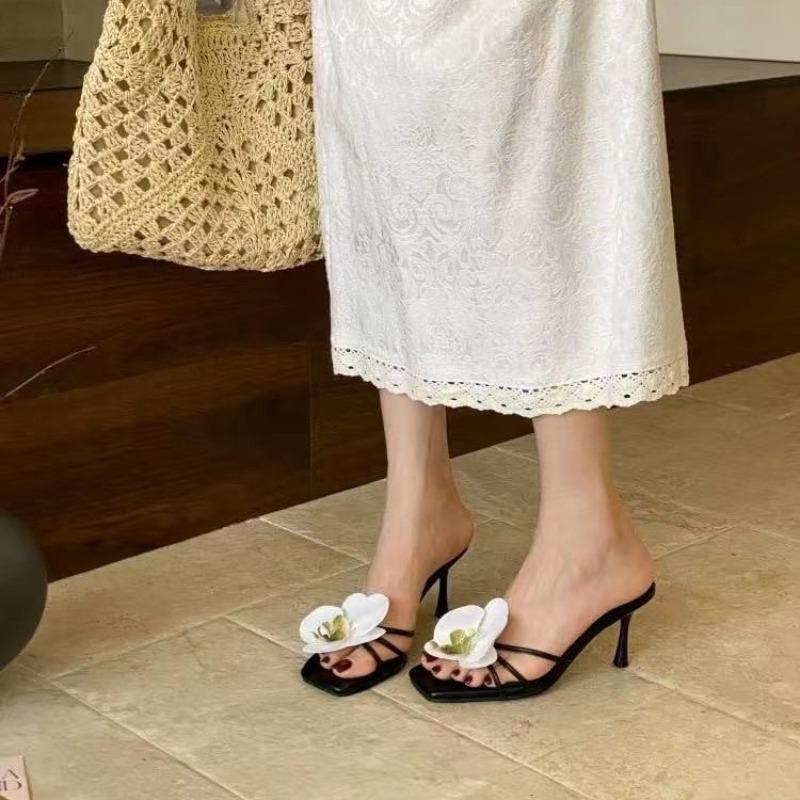 Pink Fashion Flower Women Thin Heels Sandals Slides Shoes Female Square Toe Footwear Ladies High Heels Sandals Shoes Pumps