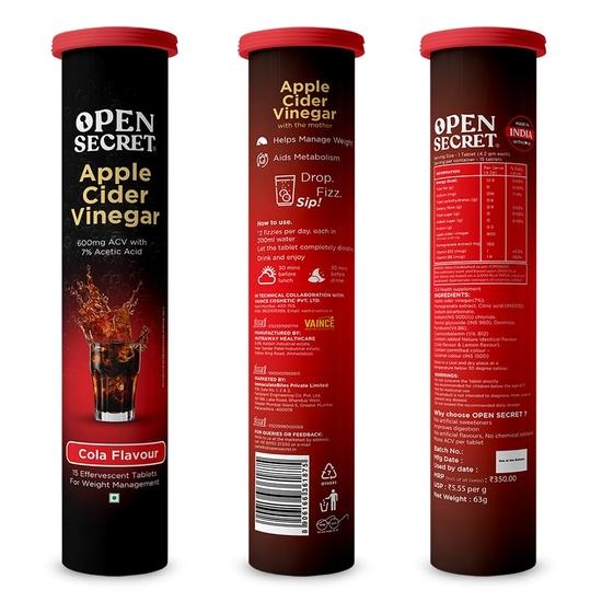 Open Secret Apple Cider Vinegar Tablet | 60 Effervescents | ACV Tablets for Weight Loss, 100% Vegan ACV (Cola Flavour - Pack of 4)