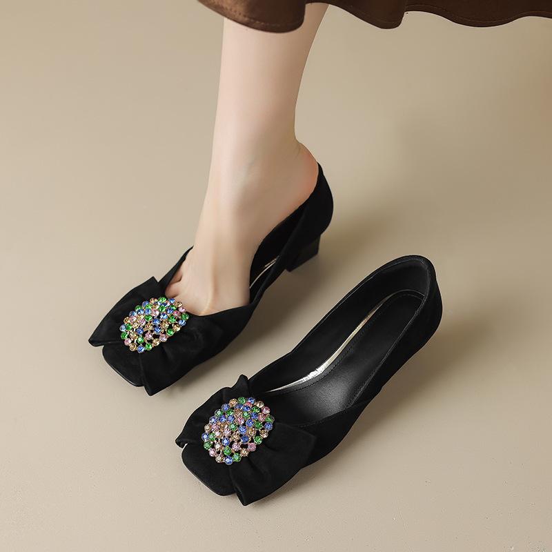 2025 Spring and Autumn New Temperament Purple Medium Heel Shallow Mouth Single Shoes Women's Shoes Rhinestone Bow High Heels