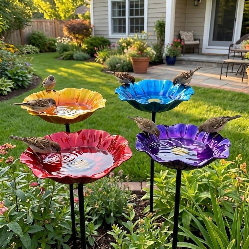Handmade Metal Garden Bird Feeder Flower Shape Outdoor Bird Bath Bird Bath Stake  Garden Patio