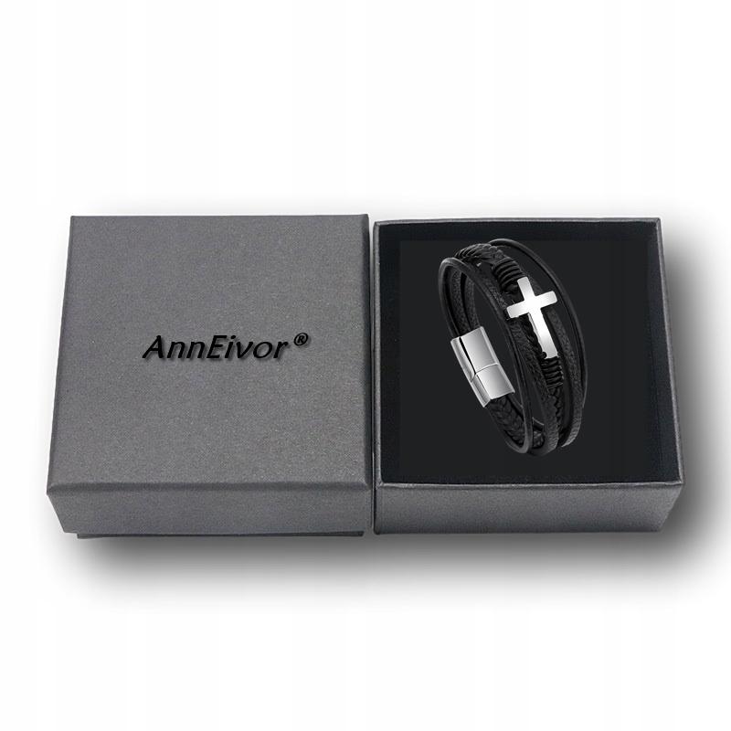 Men's Black Leather Bracelet Braided Silver Cross Surgical Steel