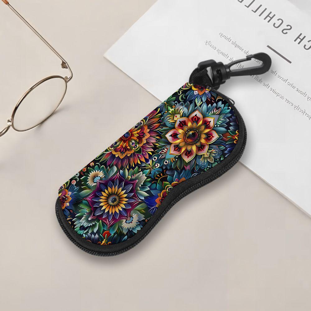 2D-Boho Floral Pattern Zipper Sunglasses Case, Vintage Mandala Print Eyeglasses Protective Holder, Portable Travel Eyewear Organizer for Women Men