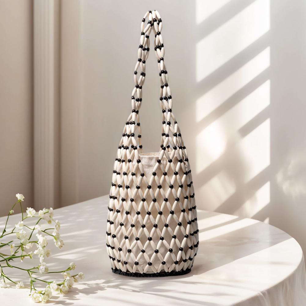 Wooden Bead Woven Hand Bag for Women Hollow-out Tote Bag Bucket Shoulder Bag Handmade Shoulder Bag Casual Summer Beach Handbag
