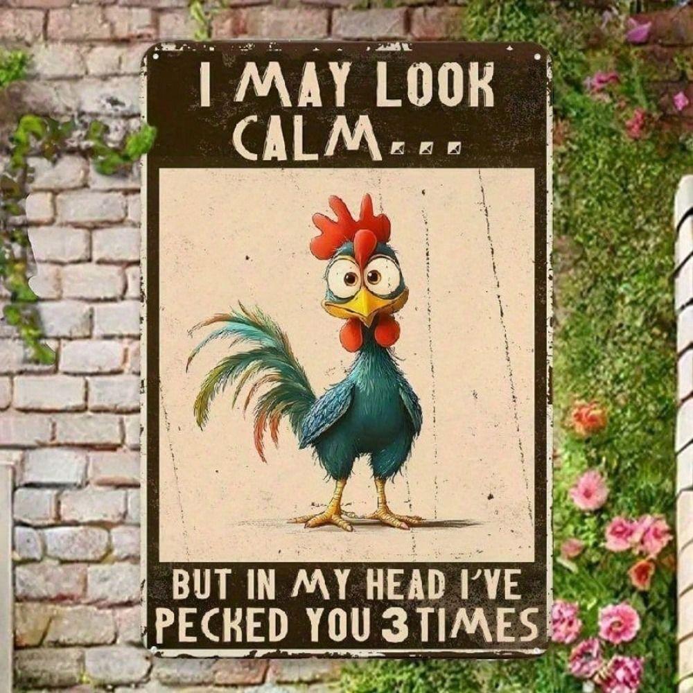 Metal Wall Art, Funny Chicken Poster, Rustic Farmhouse Decor, Vintage Tin Sign, 8x12 Inch