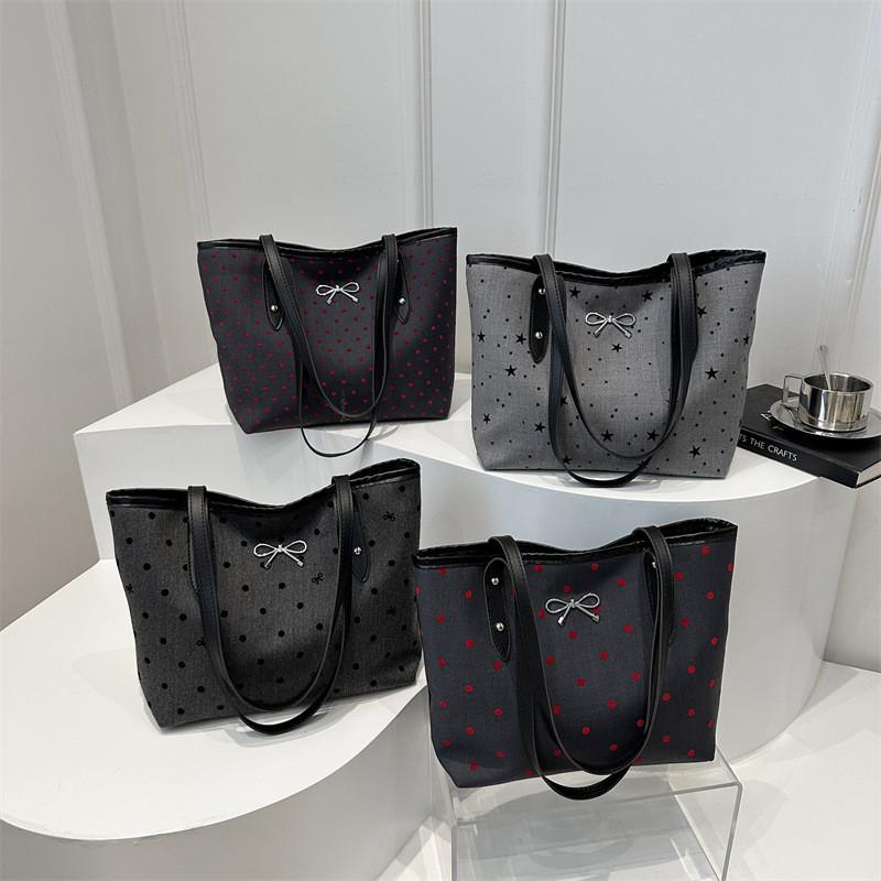 Stylish Black Polka Dot Bow Tote Bag For Women 2024 Large Capacity Casual Shoulder Handbag