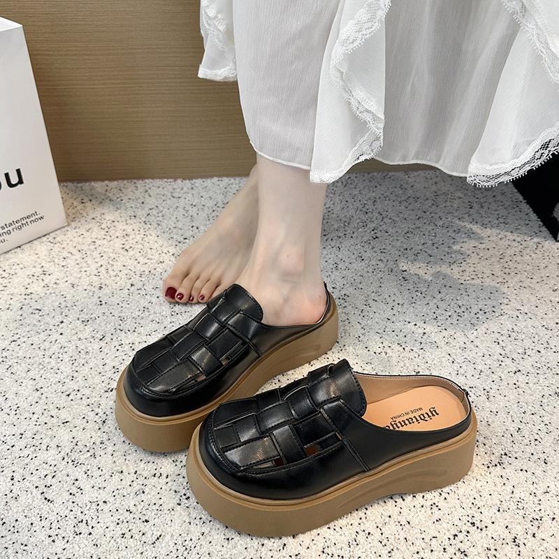 2025 New Thick-soled Heightening Half-slippers Women's Summer Outer Wear Hollowed-out One-pedal Roman Bag Head Sandals Woven Slippers