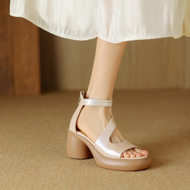 Fashion Elegant Round Head Open Toe Sandals for Women's Summer 2024 New Platform Hollow Rear Zipper Thick Heel Roman Office Shoe