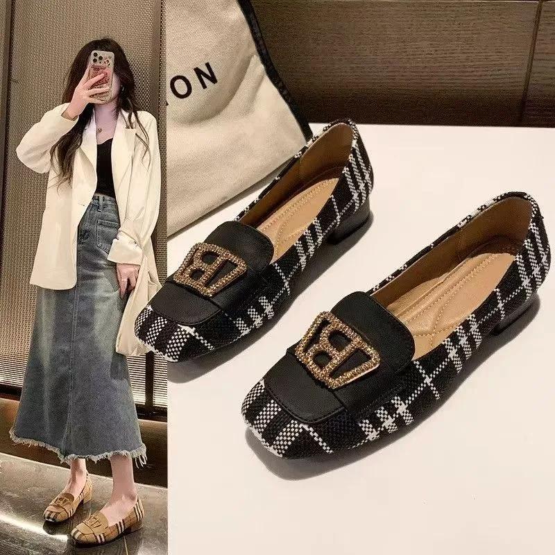 Soft Bottom Women Bean Metal Single Shoes Fashionable Versatile Shallow Mouth Retro Square Head Flat Bottom Coarse Women's Shoes