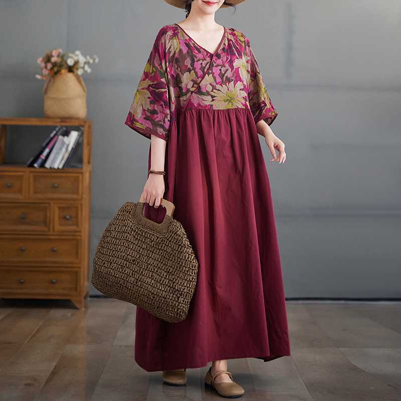 Cotton and Linen Summer Patchwork Retro Style Dress, Plus Size Long Skirt