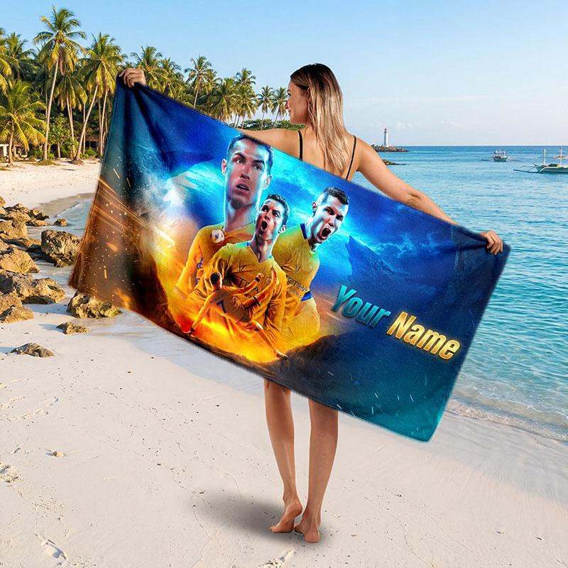 Cristiano Ronaldo Custom Beach Towel, Personalized Name Text Print, Football Logo Soft Quick‑Dry Towel Holiday Gift