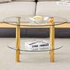 Modern Two-Tier Glass Coffee Table - Gold-Colored Metal Legs, Stable and Spacious. Metal Shine and Glass Reflections for Quiet Luxury Interiors.