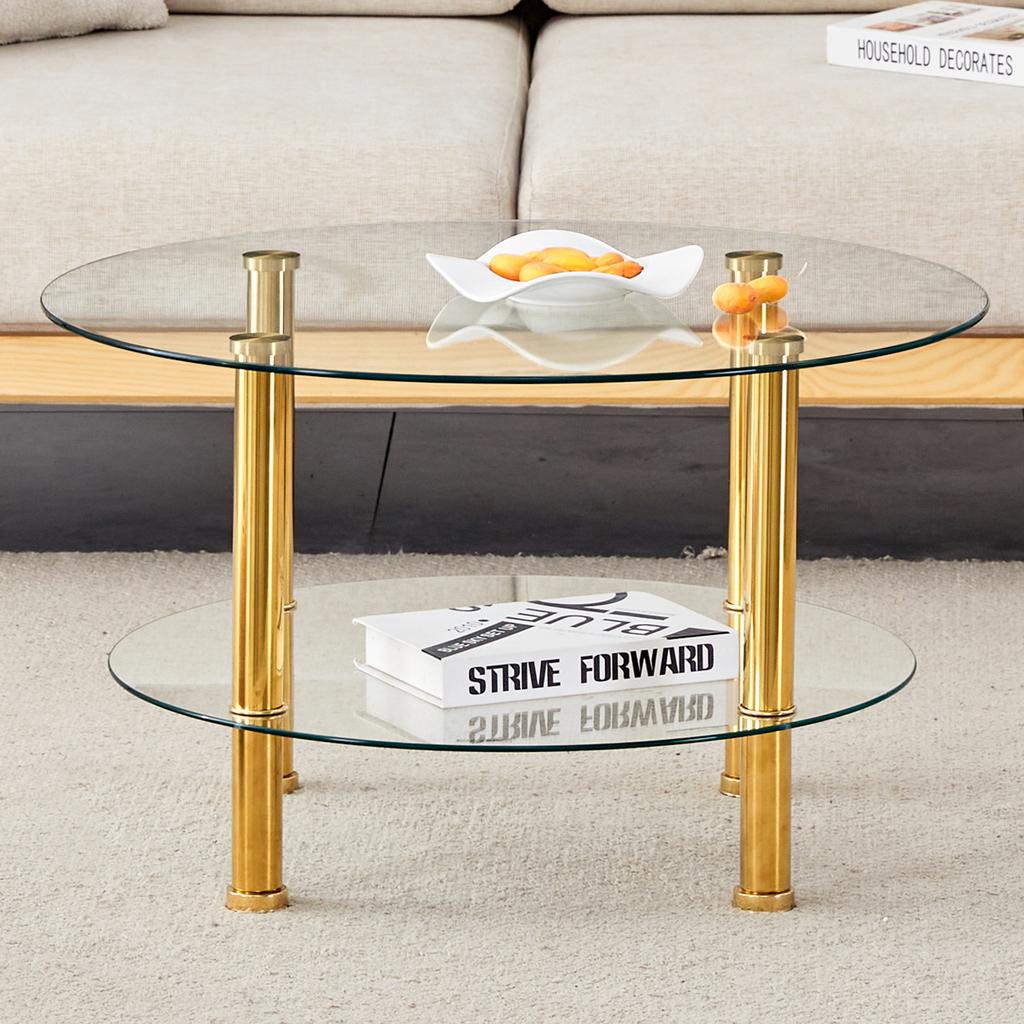 Modern Two-Tier Glass Coffee Table - Gold-Colored Metal Legs, Stable and Spacious. Metal Shine and Glass Reflections for Quiet Luxury Interiors.