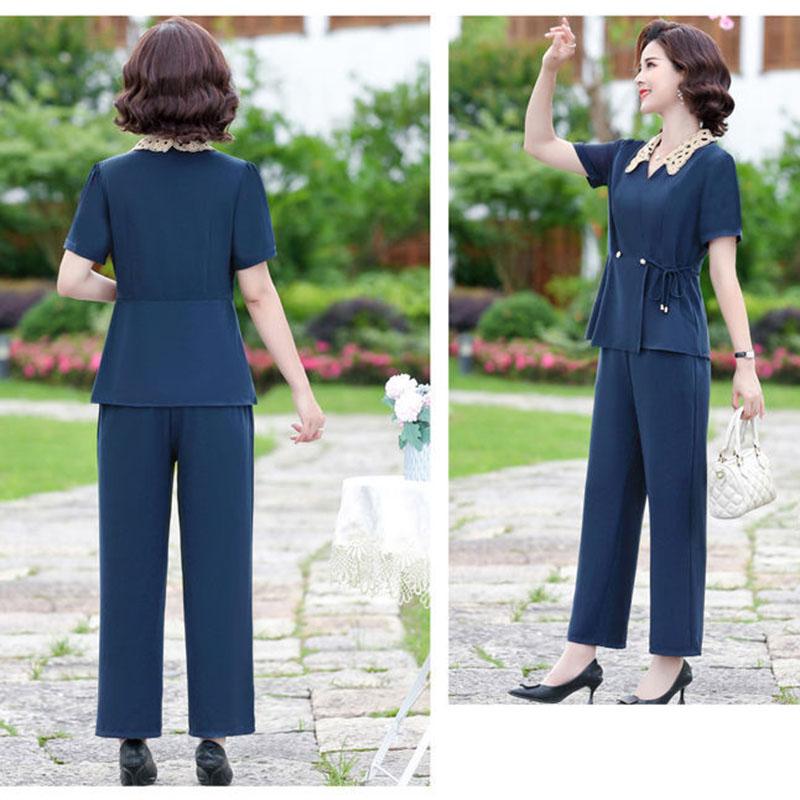 Solid Color Chiffon Suit Summer Office Lady Loose Casual Two-piece Short-sleeved Shirt + Loose Wide-leg Pants Summer