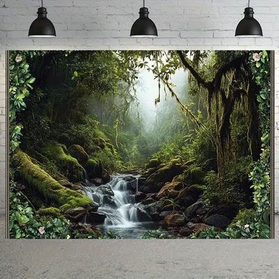 2D Lush Green Jungle Waterfall Background Cloth