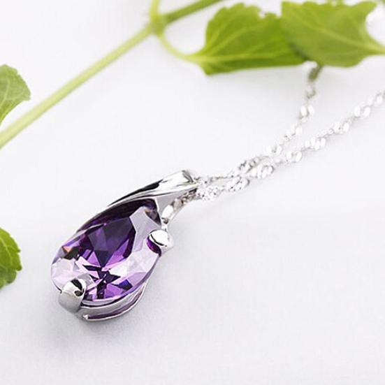 Women's Purple Zircon Teardrop Pendant Chain Choker Necklace Noble Jewelry Gift