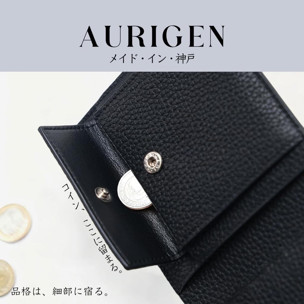 AURIGEN Bifold Wallet, Italian Cowhide Leather, Handcrafted by Kobe Artisans, Genuine Leather, 2cm Thick, Ultra-Slim Design, Mini Wallet with Coin