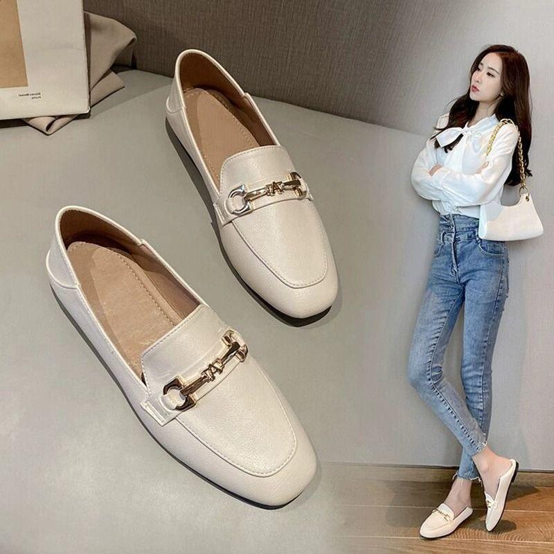 

Одинарная обувь женская на плоской подошве 2025 новая весна туфли Doudou универсальные в британском стиле ретро маленькие кожаные туфли лоферы на одной педали 38 бежевый