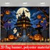 2D Planar Halloween-themed Background Fabric, Featuring a Castle Haunted House, Pumpkin Lanterns, and Ghosts