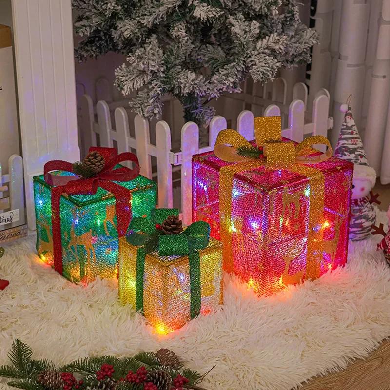 3PCS Christmas Gift Box Luminous Bow Holiday for Lighted Up Christmas Tree Holiday Party Christmas Decor Indoor Outdoor Decor