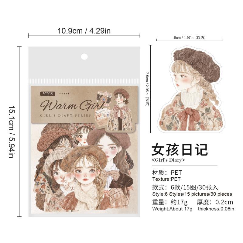 30Pcs Sweet Girl Theme Stickers PET Transparent Material Dreamy Colors Scrapbook Background Decor