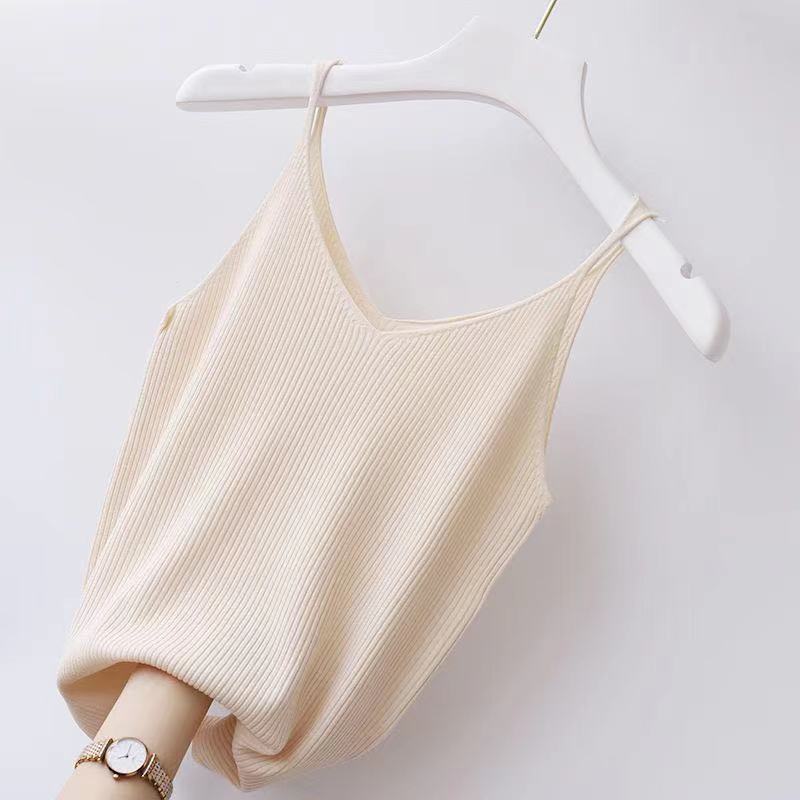 Gilet Estivo Scollo a V da Donna Spalline Sottili Seta Ghiaccio Sottile Interno Senza Maniche Lavorato a Maglia Tinta Unita Top Esterni