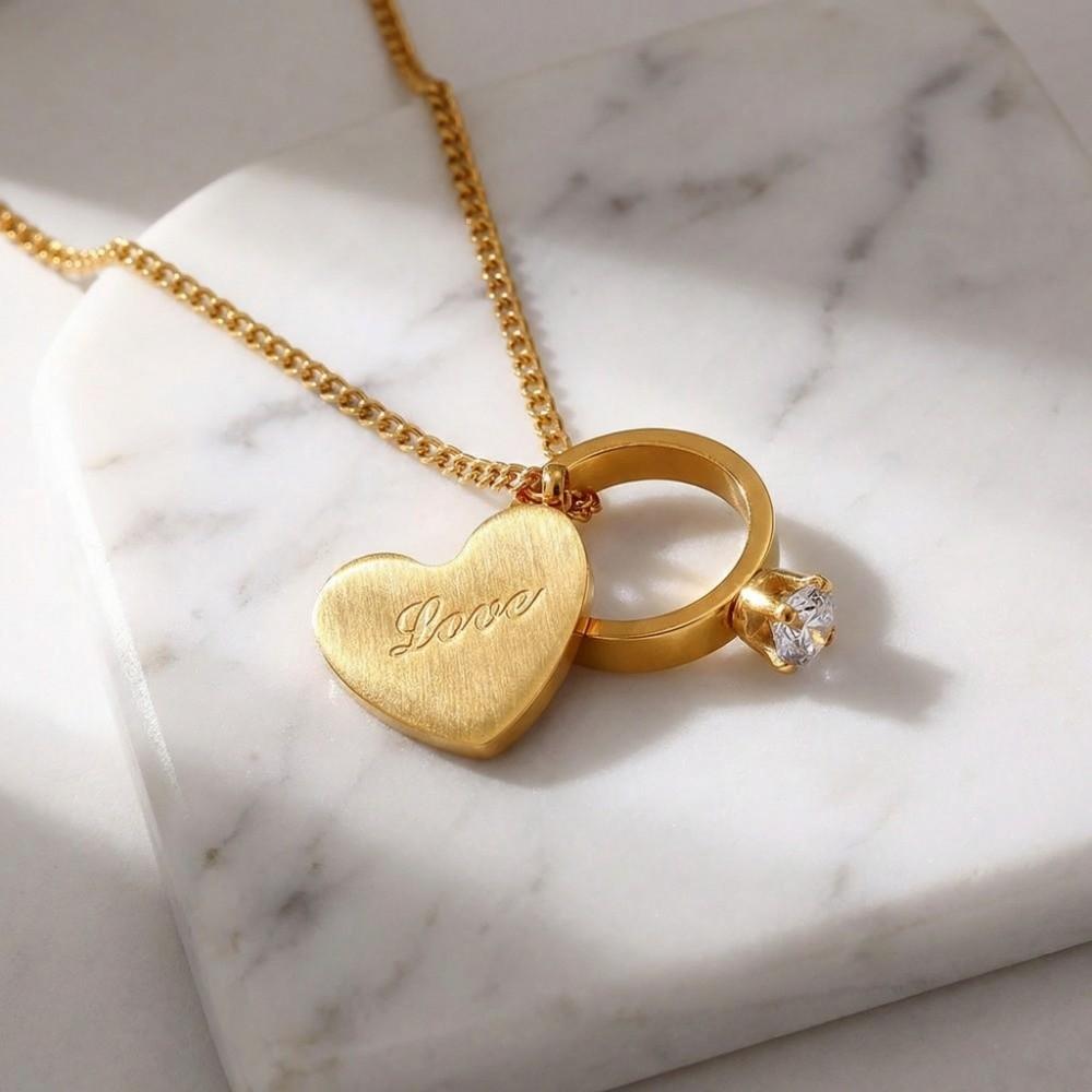 Stainless Steel Heart Ring Pendant Necklace Vintage Romantic Heart Necklace  Couple