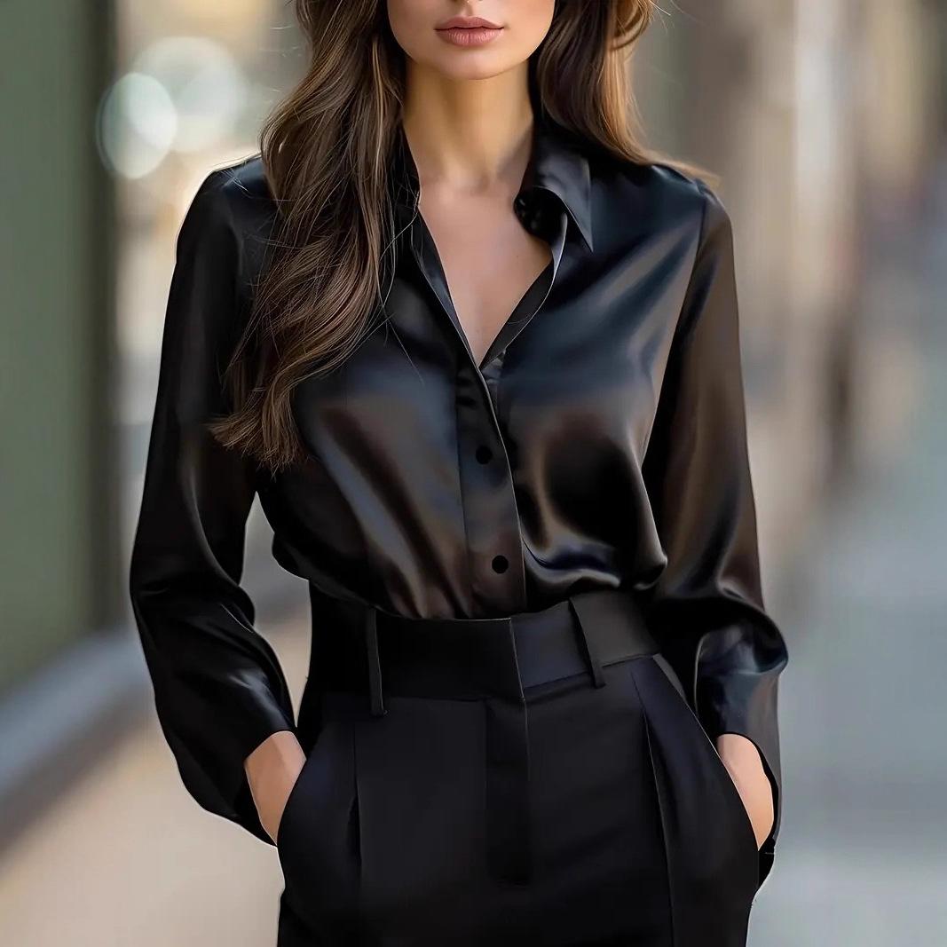 

Women s Satin Button Down Shirt, Lapel Collar Long Sleeve Blouse, Multiple Color Options XXL чорний