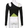 Dvoudílné tričko v kontrastní barvě s odklopenými rameny Dámské Slim Nepravidelné Top Krátký Dlouhý Rukáv
