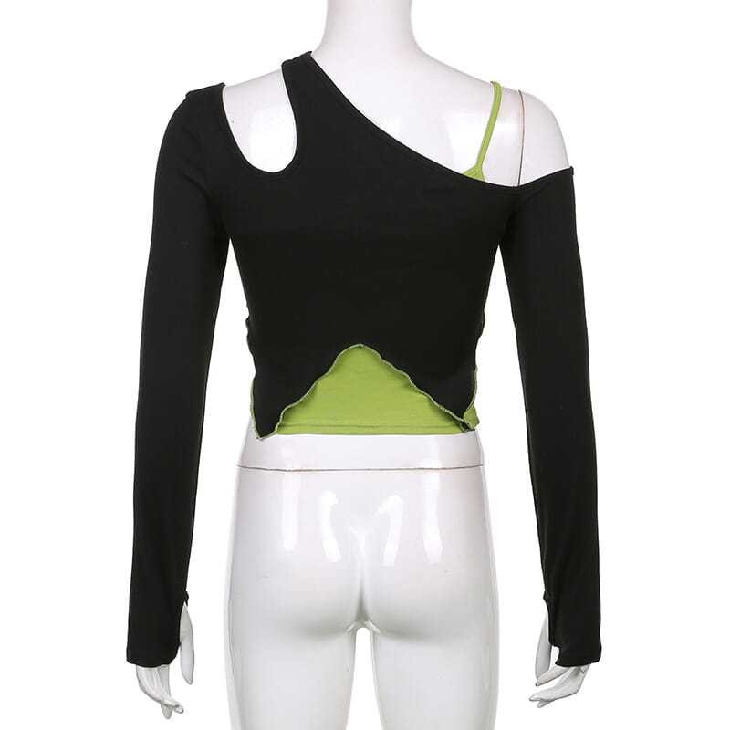 Dvoudílné tričko v kontrastní barvě s odklopenými rameny Dámské Slim Nepravidelné Top Krátký Dlouhý Rukáv