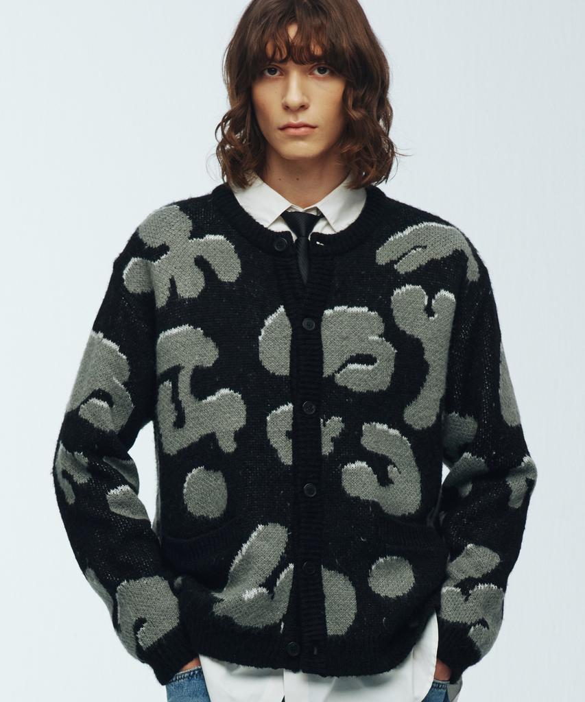 Knitted Bulky Brush Pattern Cardigan Black
