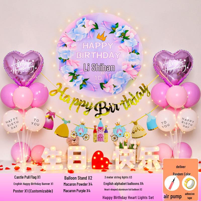 Happy Birthday Balloons for 7-8-Year-Old Girls - Home Party Decoration and Background Wall Decor