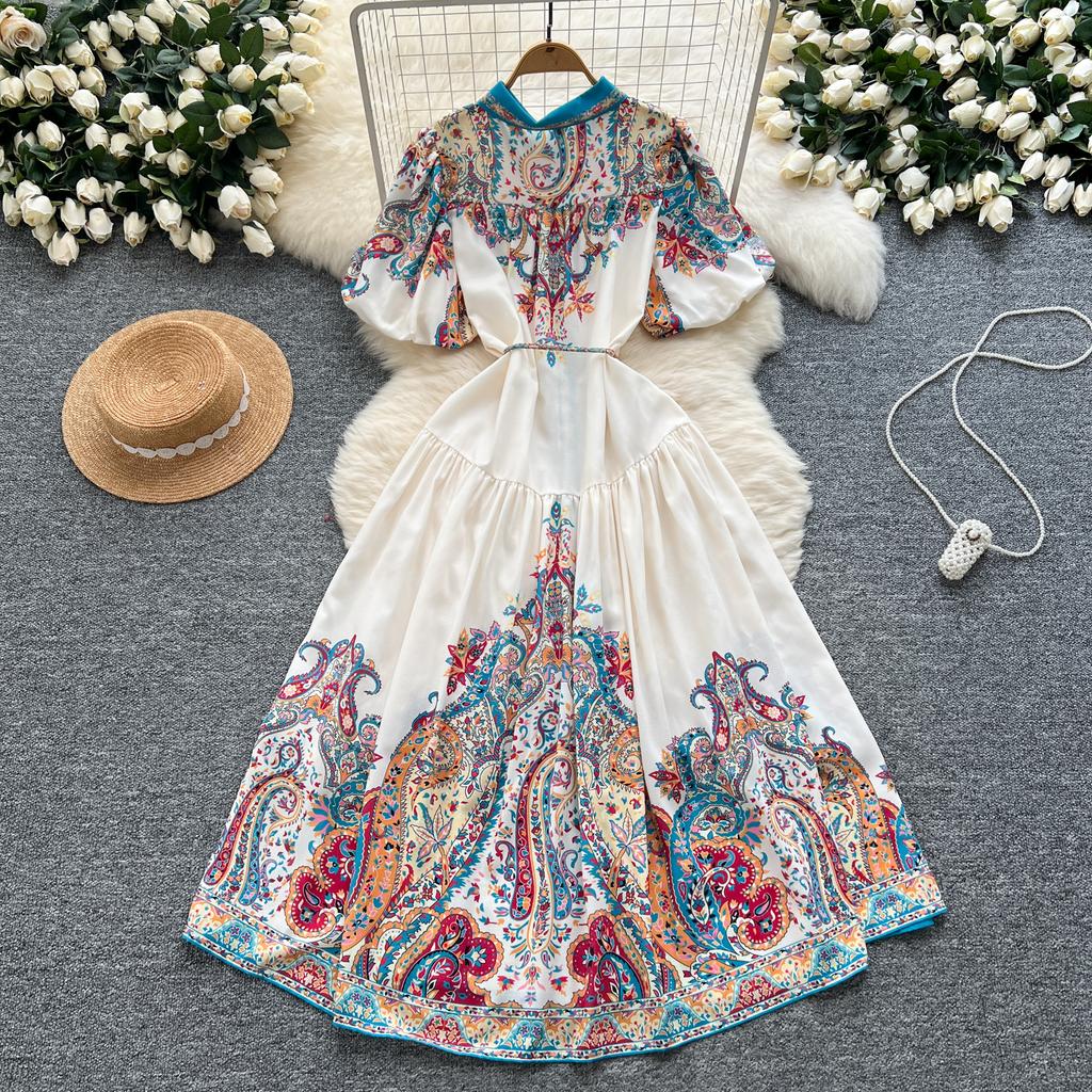 Summer Women Plus Size Turn-down Collar Lantern Sleeve Vintage Print Shirt Loose Lace-up Dresses