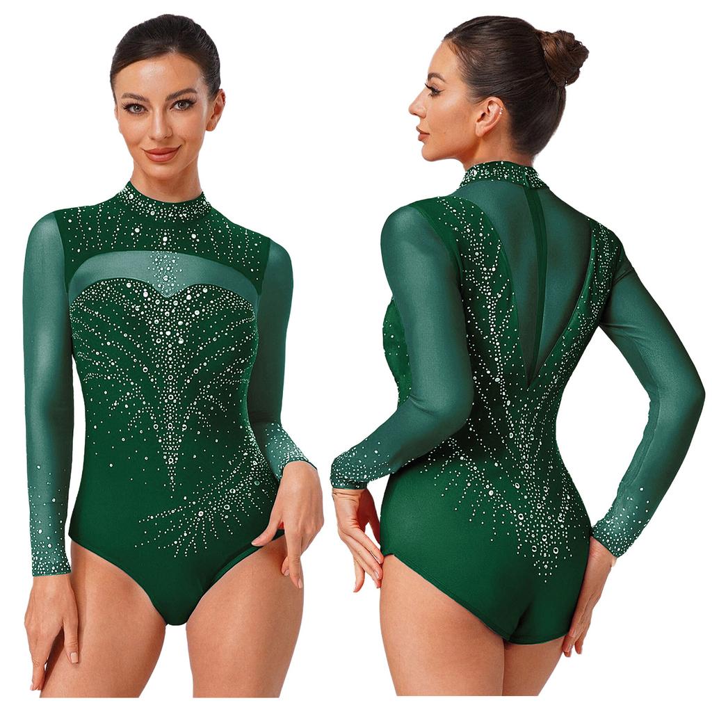 Damen Eiskunstlauf Turnanzug Jumpsuit Langarm Strass Gymnastik Künstlerisch Ballett Jersey Body Wettkampf Tanzbekleidung