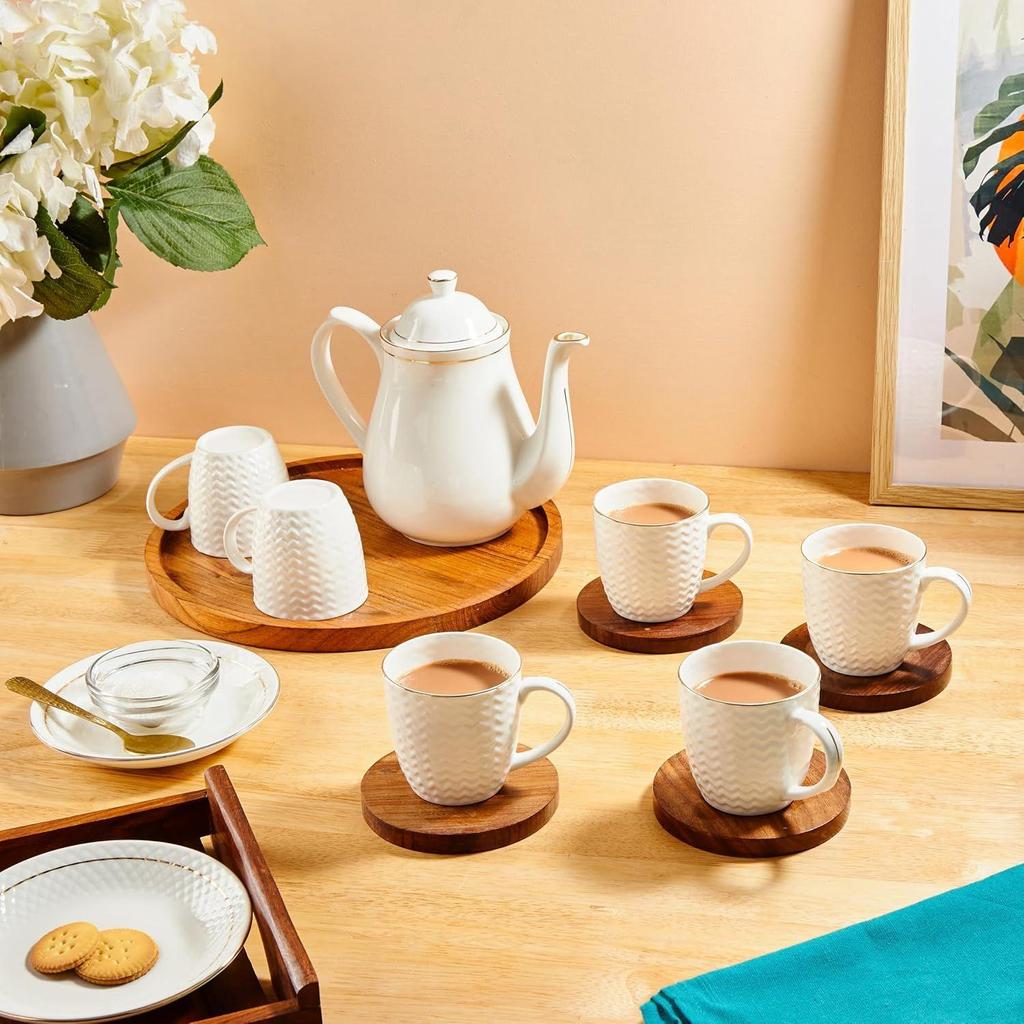 Handcrafted Bone China Tea/Coffee Cups/Mugs with Modern Design for Gifts and Home Decor - 240 ML Each- Set of 6