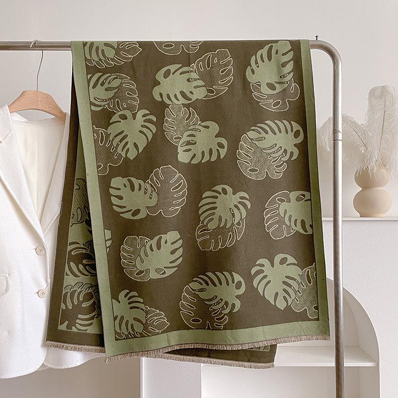 

Шарф из имитации кашемира с двухсторонним принтом листьев контрастных цветов, зимняя высококачественная теплая шаль для женщин 185cm зелёный