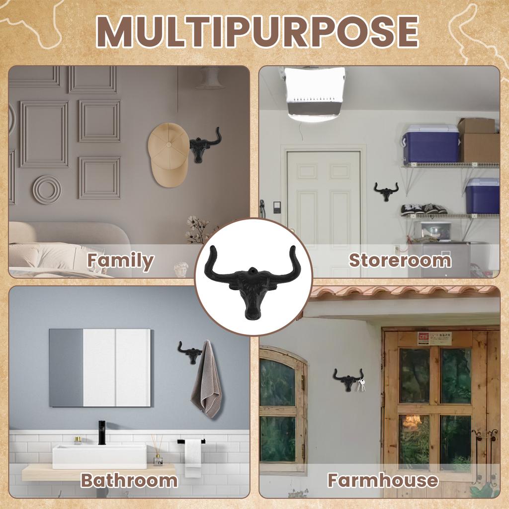 3PCS Outdoor Western Decorative Wall Hooks Heavy Duty Towel Hooks for Bathroom Entryway Closet Cow Bull Animal Hooks Wall Decor