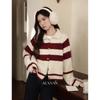 Women's Christmas Red Striped Polo Knit Cardigan