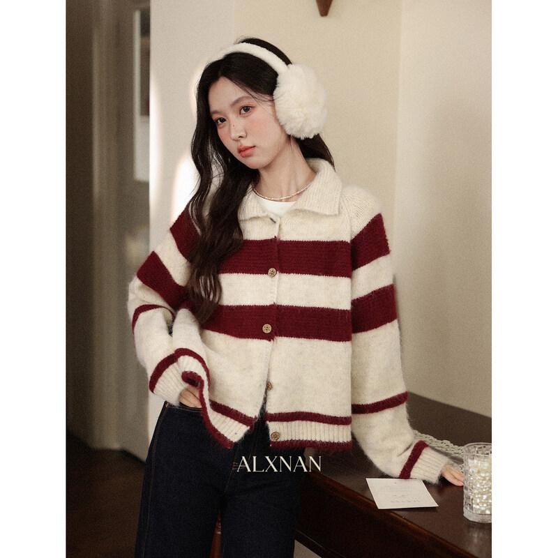 Women's Christmas Red Striped Polo Knit Cardigan